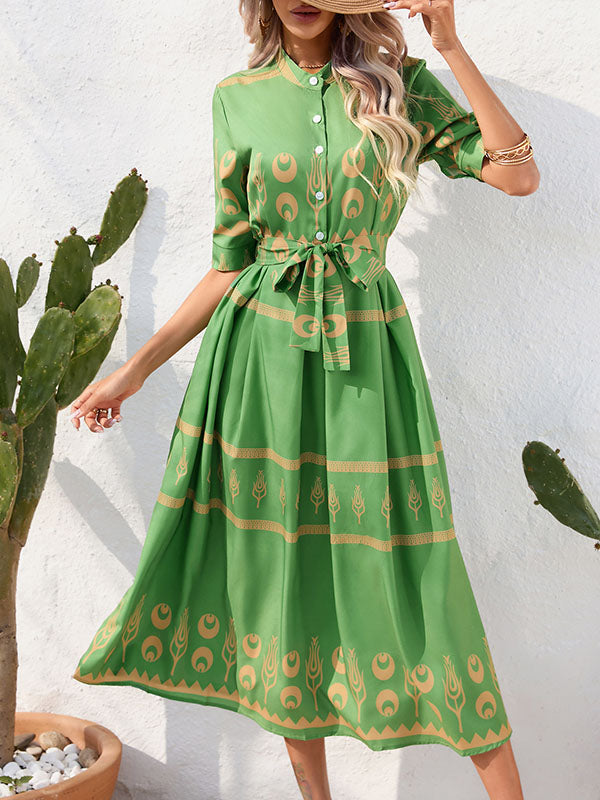 A-line Half Sleeves Buttoned Tied Waist Lapel Midi Dresses