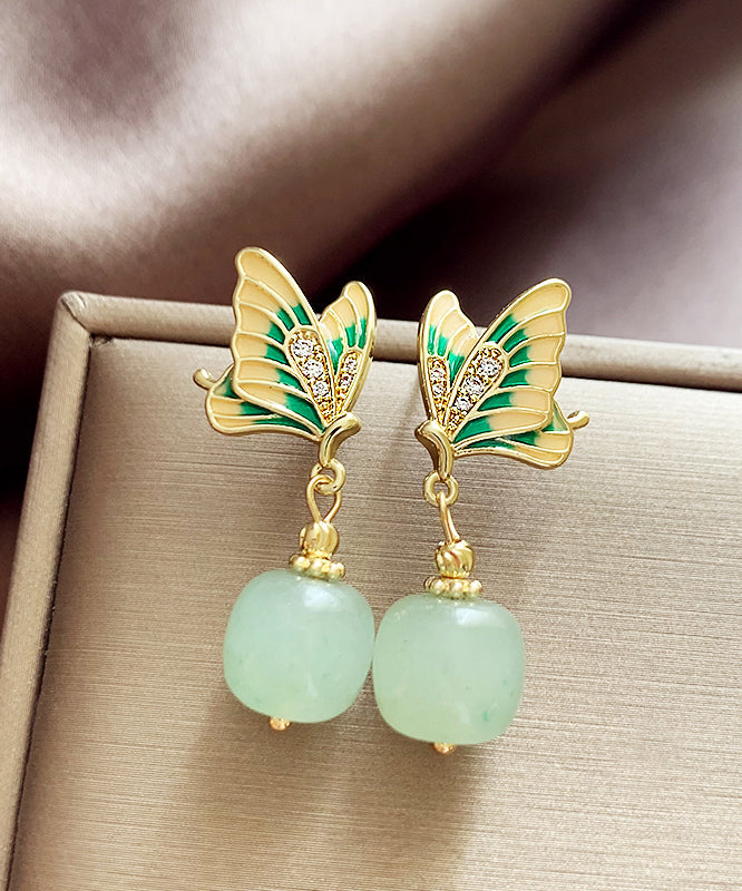 Green Copper Alloy Zircon Jade Butterfly Drop Earrings