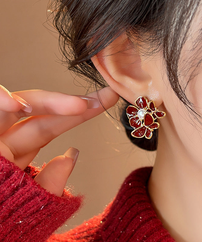 Red Copper Alloy Butterfly Pearl Stud Earrings