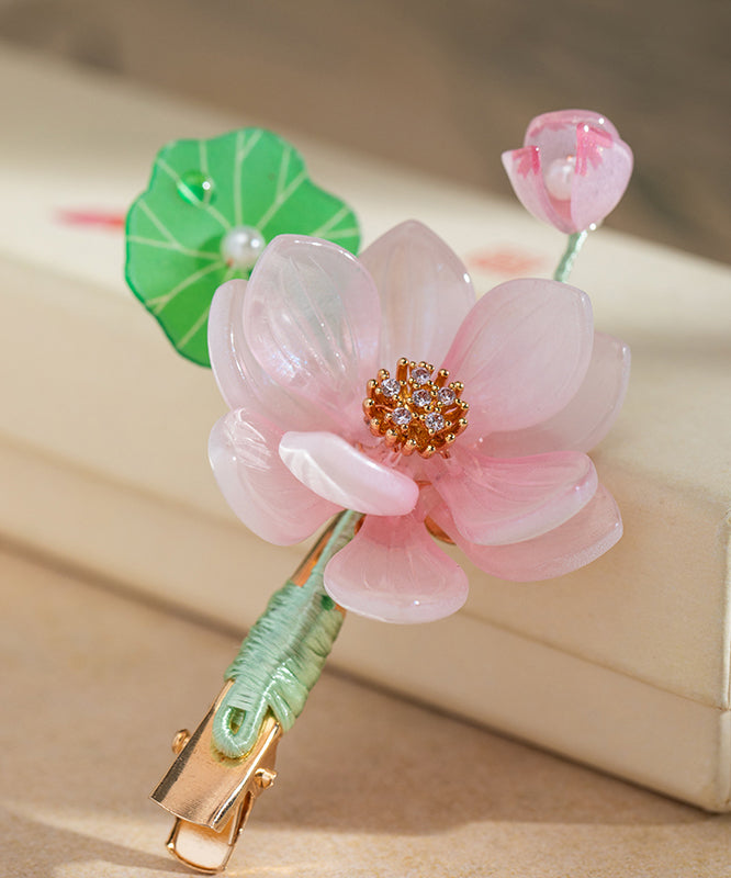 Pink Alloy Chiffon Colored Glaze Pearl Lotus Tassel Hairpin