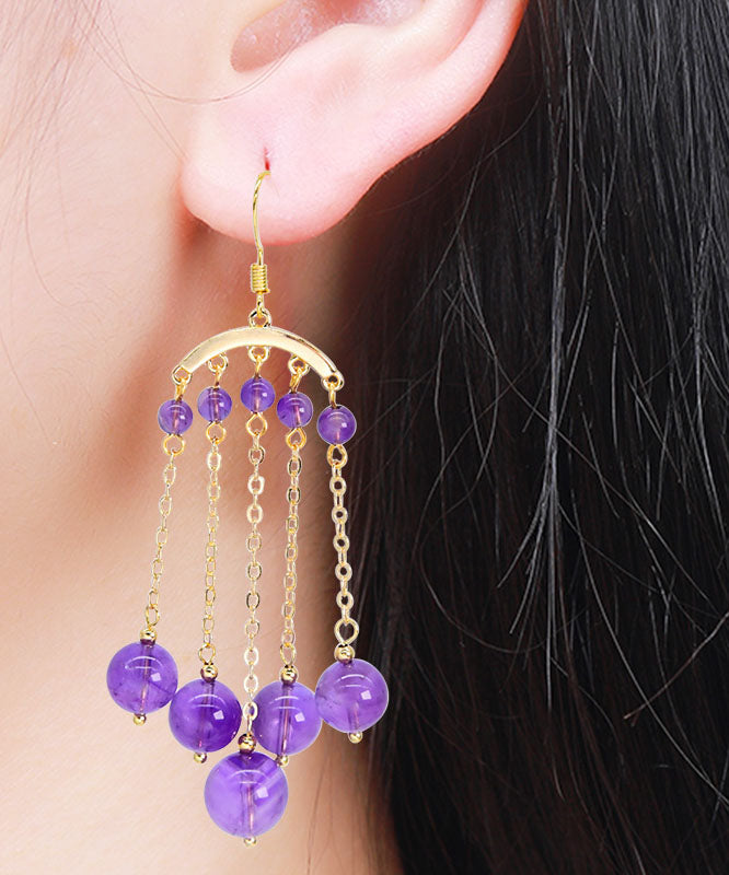 Purple 14k Gold Crystal Tassel Drop Earrings