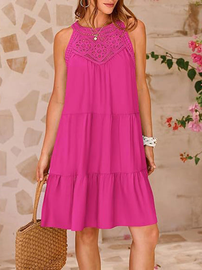 A-line Loose Hollow Pleated Color Split-joint Round-neck Mini Dresses