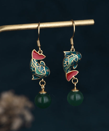Green Ancient Gold Chalcedony a Fish Leaping Over the Dragon Gate Drop Earrings