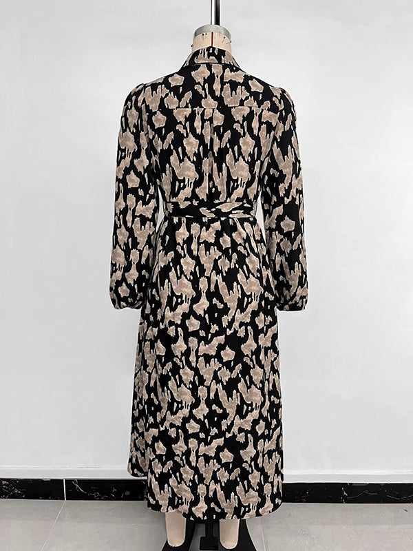 Long Sleeves Loose Printed Split-joint Tied Waist Lapel Midi Dresses Shirt Dress