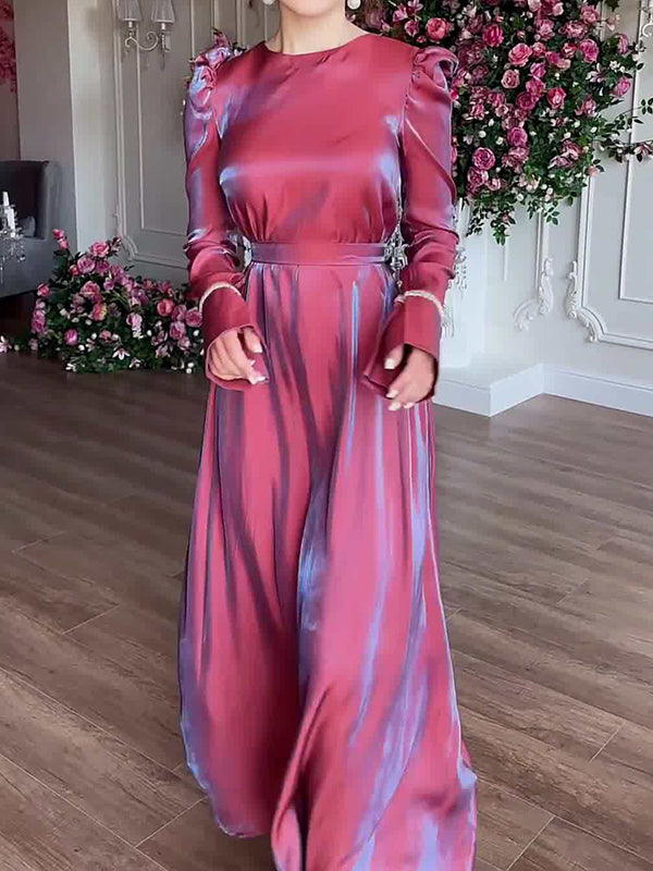 A-line Long Sleeves Pleated Color Tied Waist Zipper Round-neck Maxi Dresses