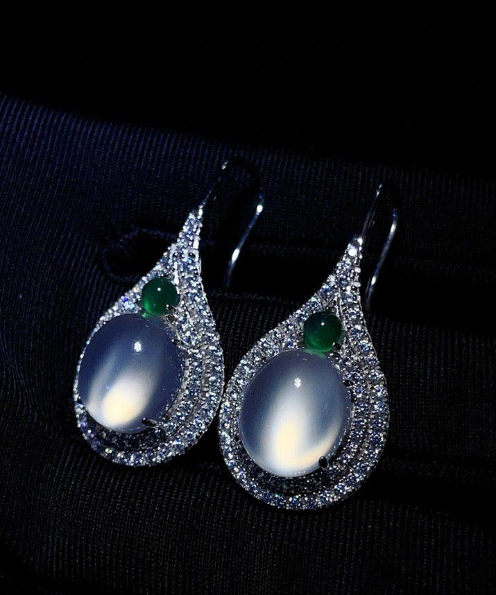 Silk Sterling Silver Inlaid Zircon Jade Stud Earrings