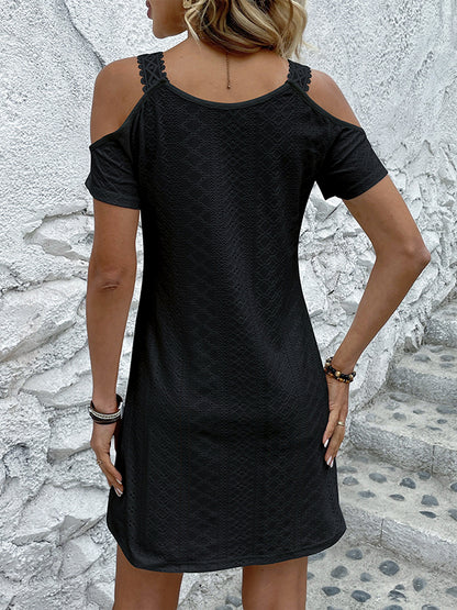 A-line High Waisted Hollow Color Split-joint Cold Shoulder Mini Dresses