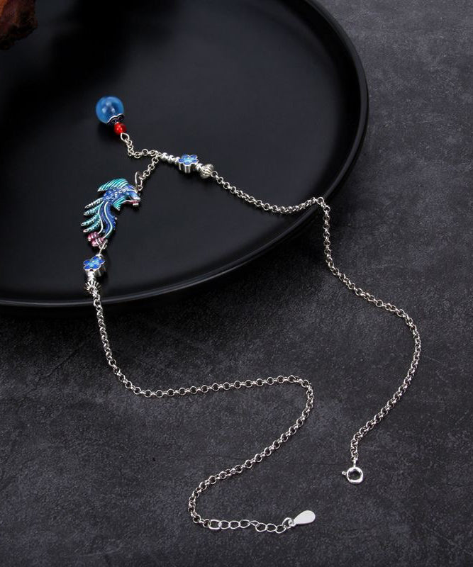 Blue Sterling Silver Tassel Cloisonne Enamel Phoenix Pendant Necklace