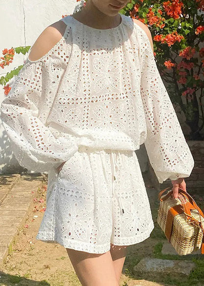 Two Shoulder Pieces Cotton Shirt Beige Shorts Cold and Boutique
