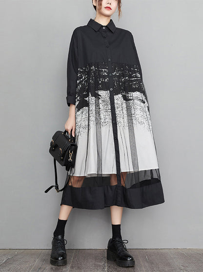 A-line Long Sleeves Buttoned Gauze Printed Split-joint Lapel Midi Dresses