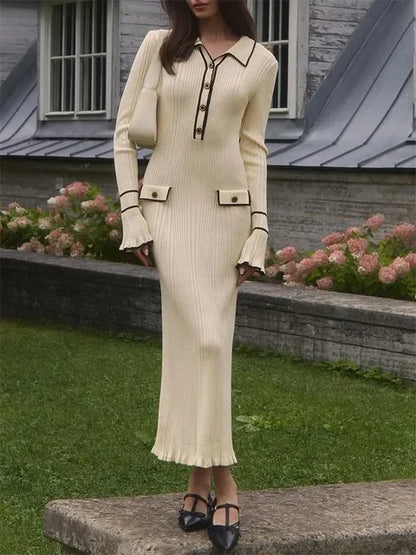 Knitted Mini Dress Autumn Winter Ruffled Rib High Waist Dresses Long Sleeve Banquet Dress for Woman