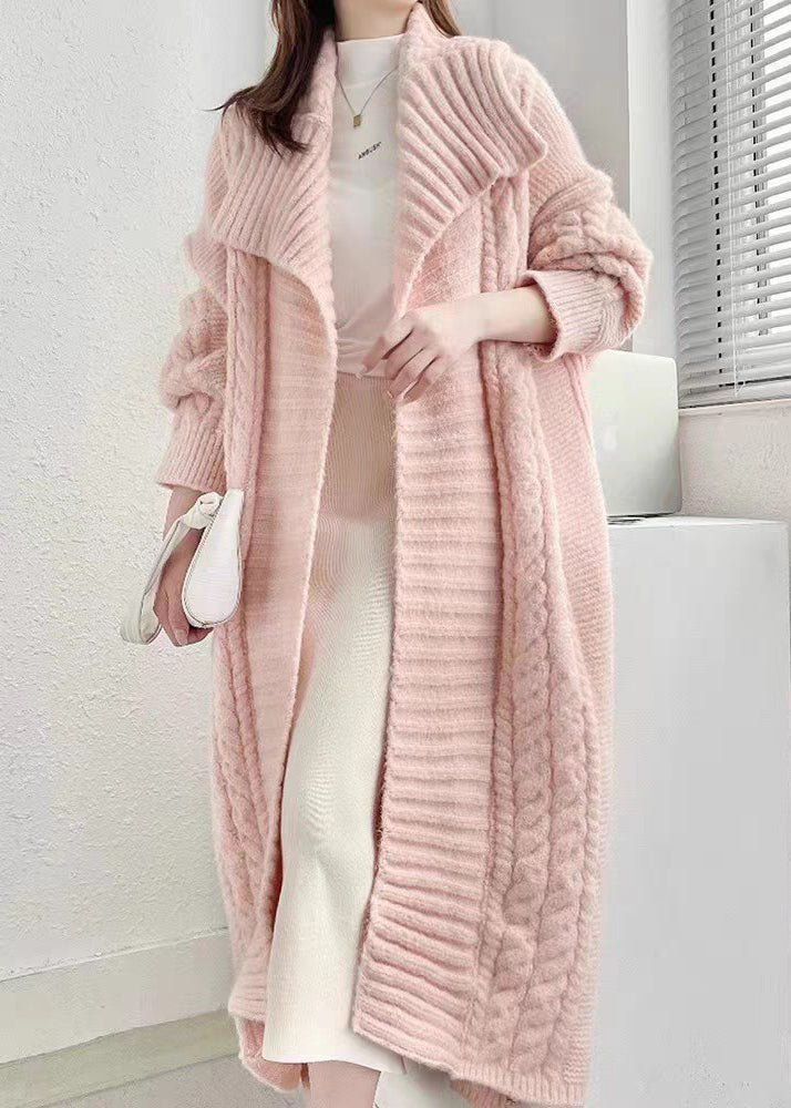 Loose Pink Pockets Hollow Out Wool Loose Cardigan Winter Qc010