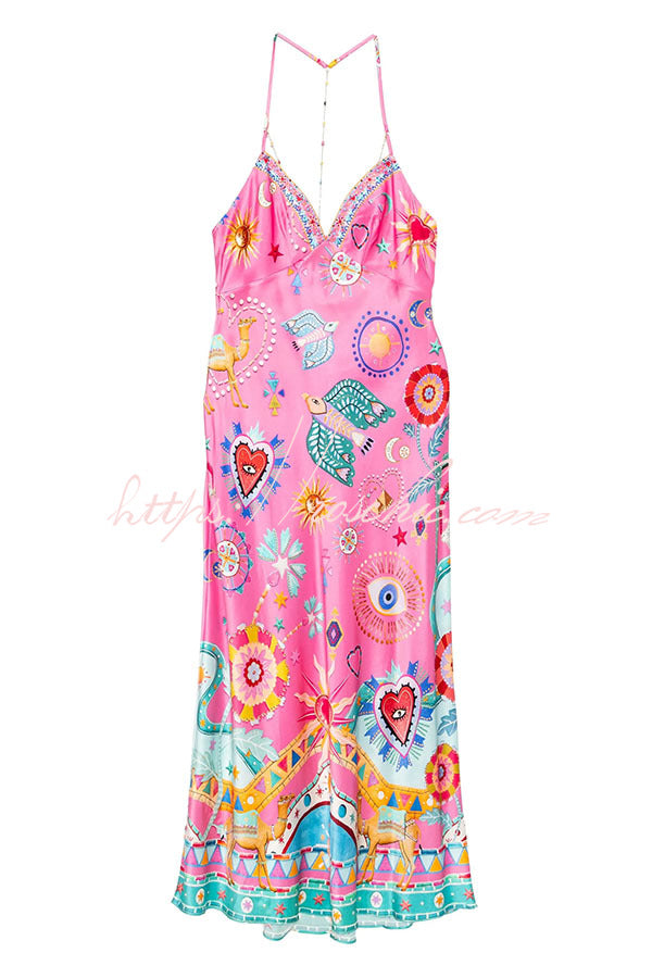 Effortless Satin Unique Print Back Chain Detail Slip Maxi Dress