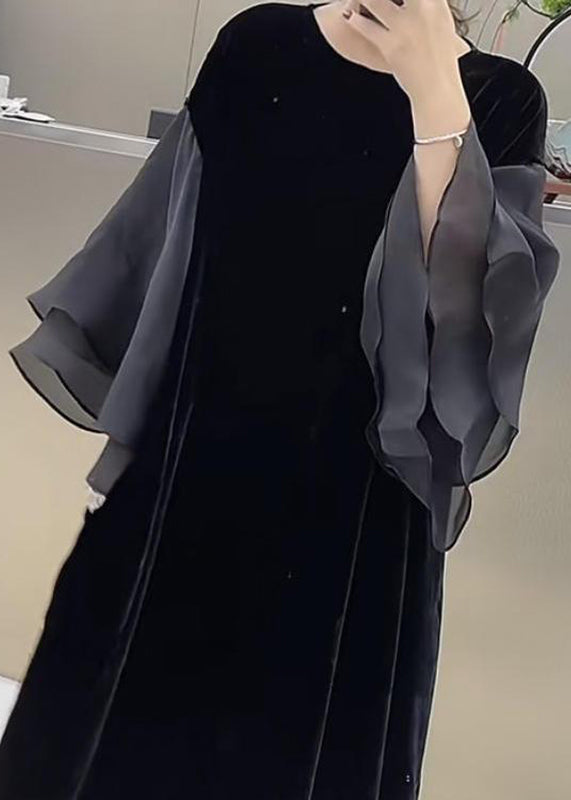 Black O-neck Patchwork Silk Velvet Maxi Dress Butterfly Sleeve Wd032