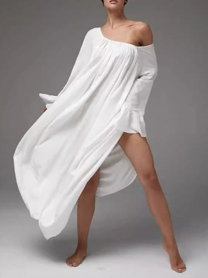A-line Flared Sleeves Pleated Color Split-joint Round-neck Maxi Dresses