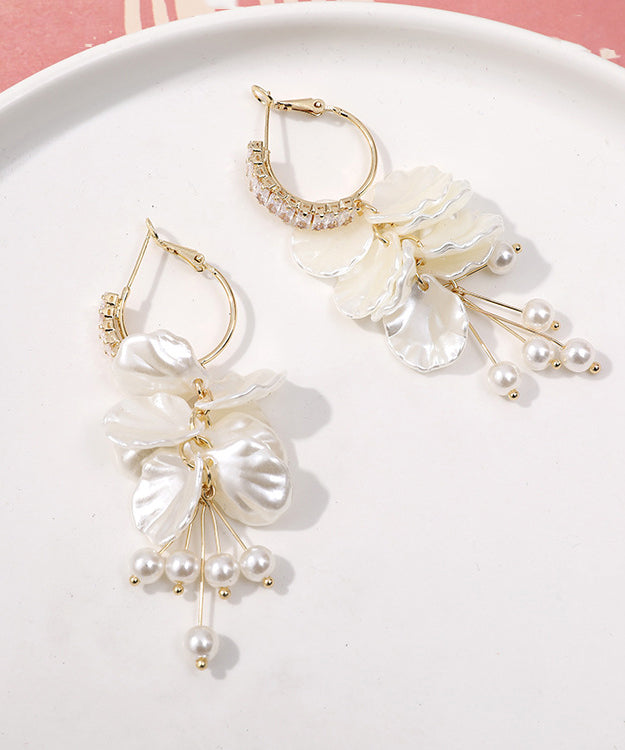 White Alloy Overgild Zircon Pearl Tassel Drop Earrings
