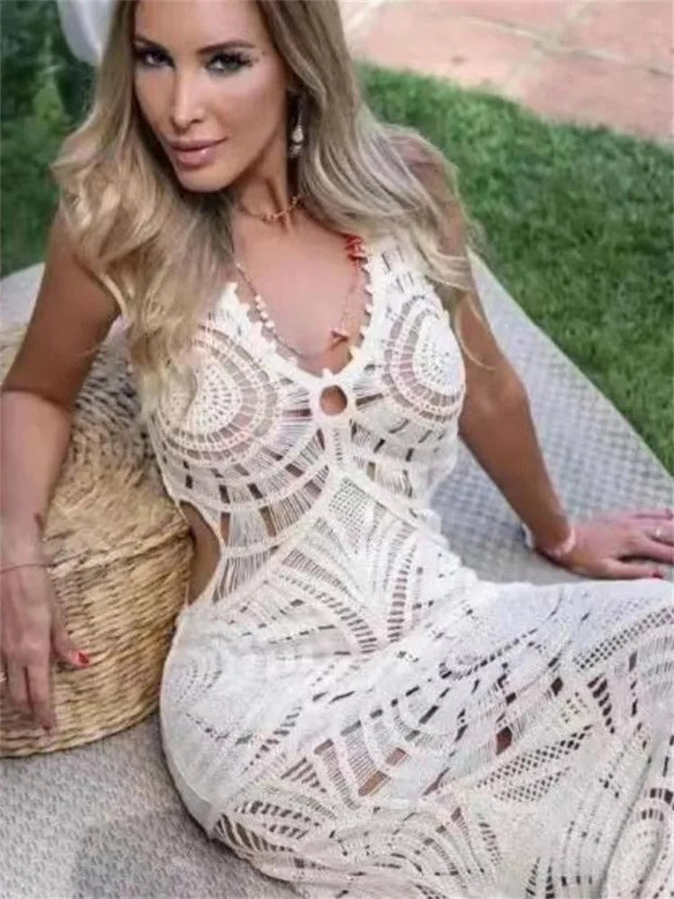 V-neck Hollow Out Maxi Dress Knit – Sleeveless High Waist Party Dress