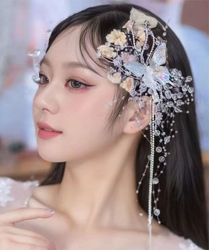 New White Acrylic Alloy Crystal Butterfly Tassel a Pair Hairpin