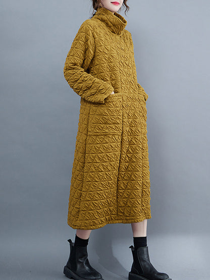 Long Sleeves Loose Color Textured High-neck Cotton Padded Midi Dresses