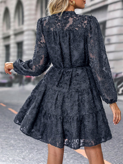 A-line Long Sleeves Buttoned Elasticity Jacquard Pleated Color Tied Waist Stand Collar Mini Dresses