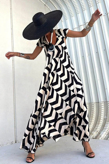 Fresh Breeze Unique Print Ruffle Sleeve A-line Maxi Dress