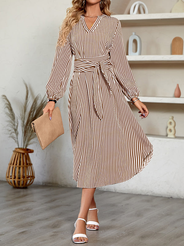 A-line Long Sleeves Striped Tied Waist V-neck Midi Dresses Shirt Dress