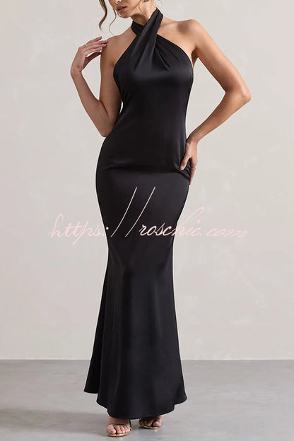 Color Halter Neck Tie Backless Slim Maxi Dress