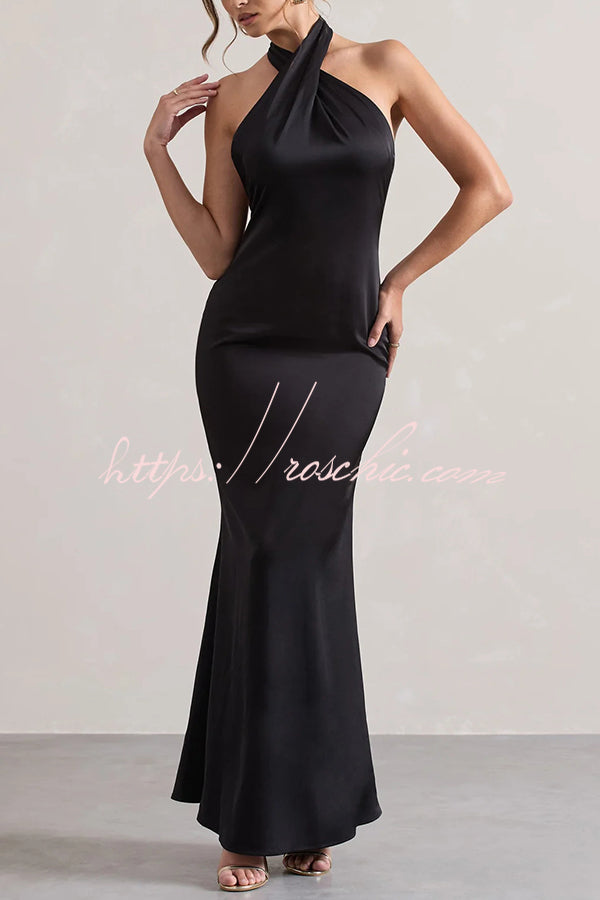 Color Halter Neck Tie Backless Slim Maxi Dress