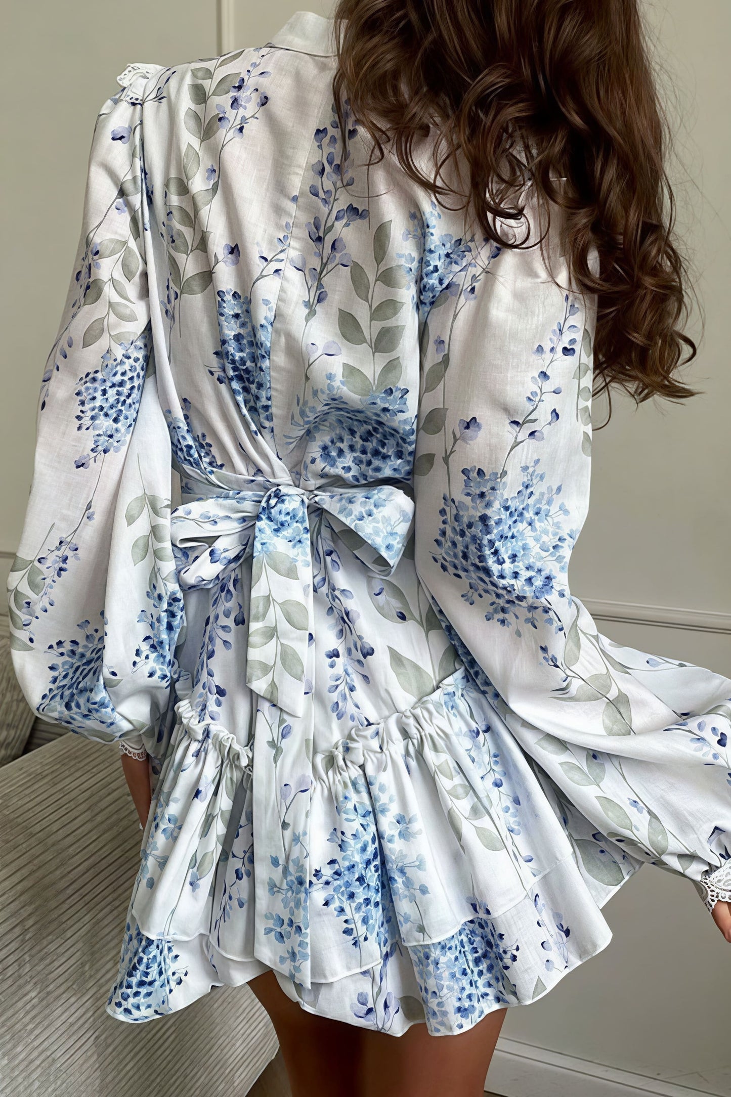Print Stand Collar Puff Sleeve Ruffle Maxi Dress