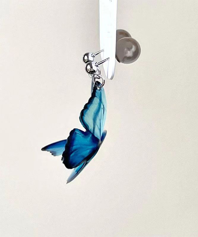 Blue Copper Alloy Pearl Butterfly Drop Earrings