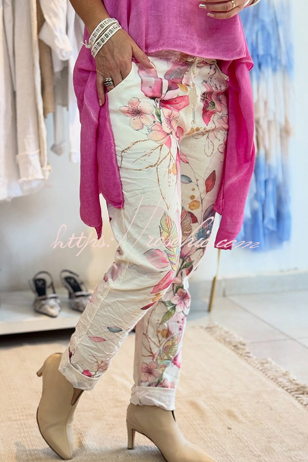 Botanical Print Elastic Waist Pockets Pants