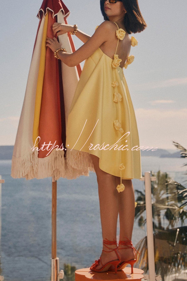 Playful and Flattering Silhouette 3d Rose Drape Straps A-line Mini Dress