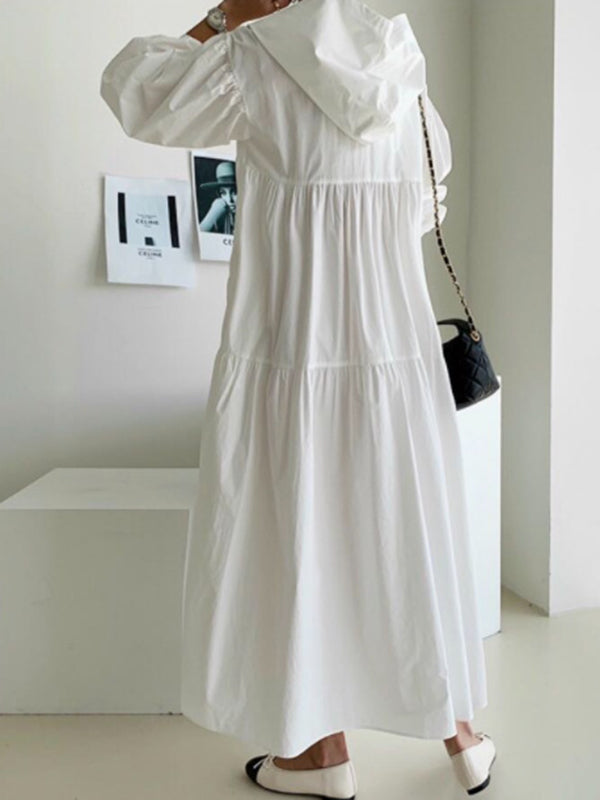 Urban Color Pleated Long Sleeves Hooded Midi Dress