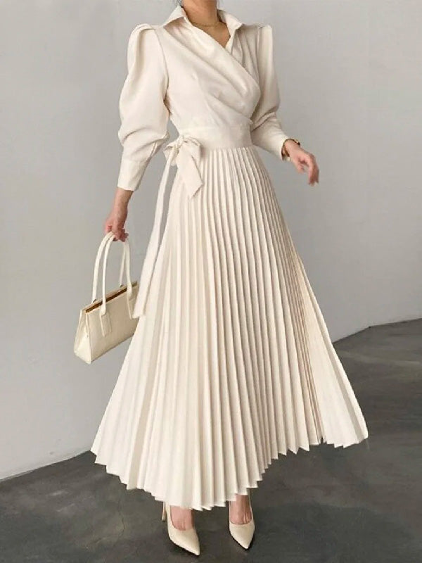 Office Pleated Asymmetric Color Lapel Maxi Dresses