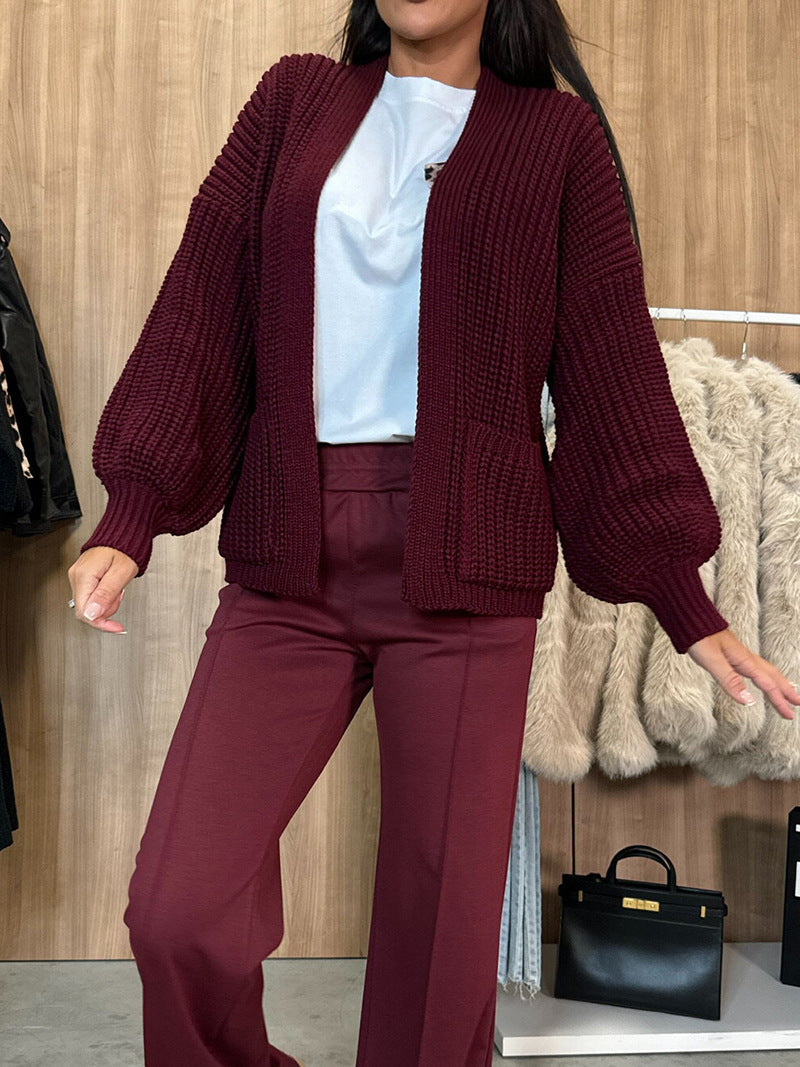 Color V-neck Long-sleeved Knitted Cardigan