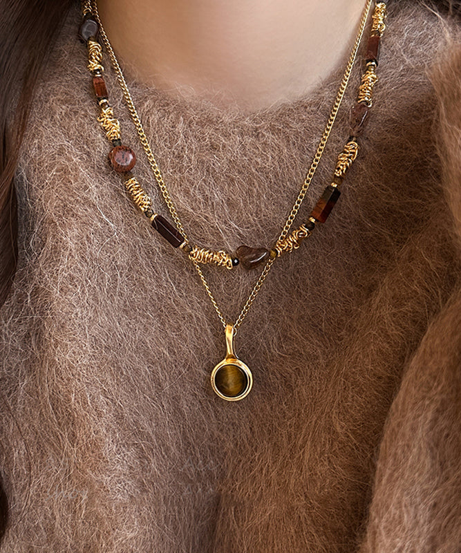Modern Gold Copper Alloy Tiger's Eye Stone Pendant Necklace Two-piece Set