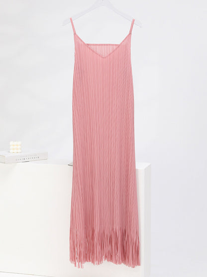 Loose Sleeveless Pleated Color Tasseled Spaghetti-neck Midi Dresses