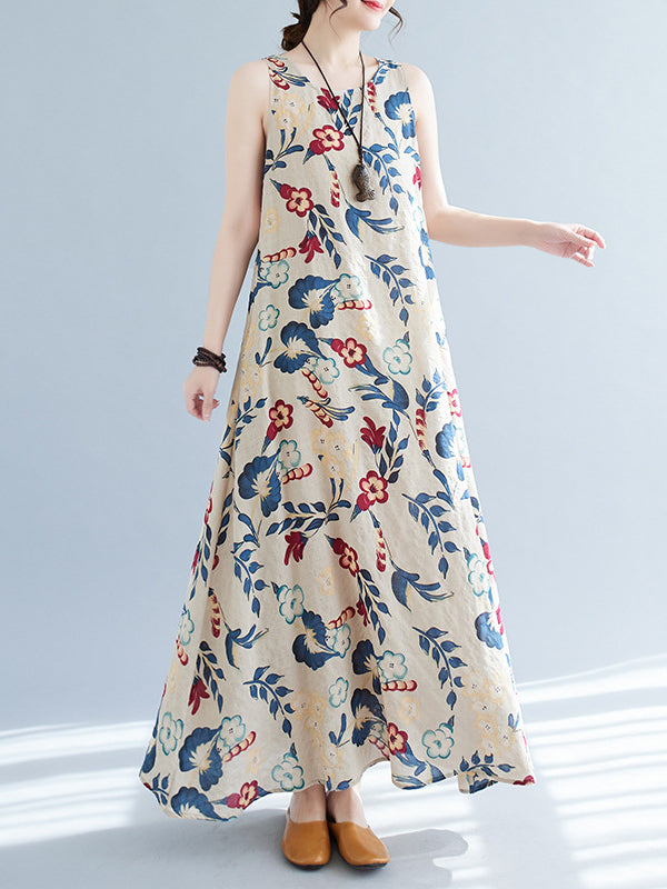 Loose Sleeveless Printed Round-neck Maxi Dresses