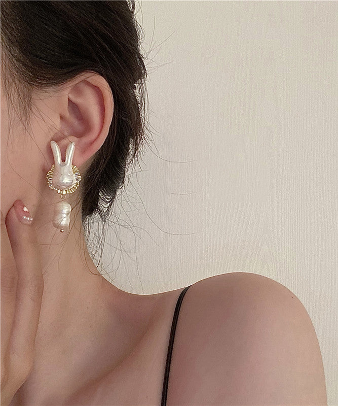 Gold Sterling Silver Alloy Pearl Rabbit Drop Earrings