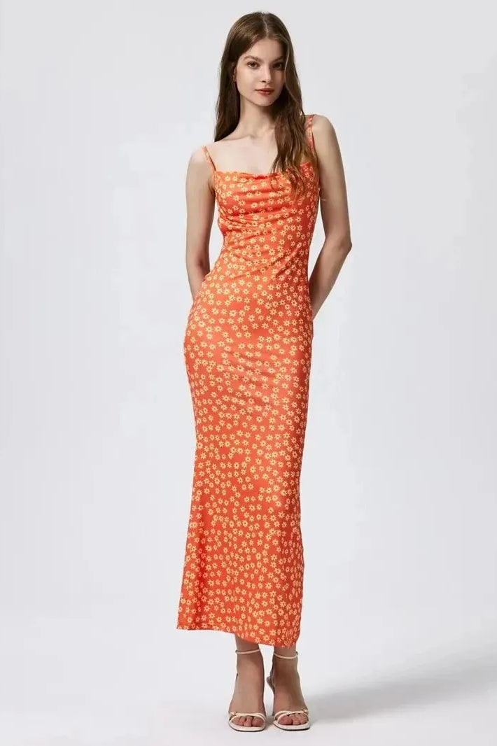 Cotton Beach Print Suspender Maxi Dress