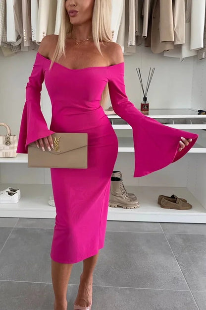 Color Off-shoulder Trumpet Sleeve Slim Midi Dress