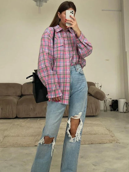 Plaid Blouse Pink Retro Loose Long Sleeve Tops Autumn Trun Down Cotton Shirts Autumn