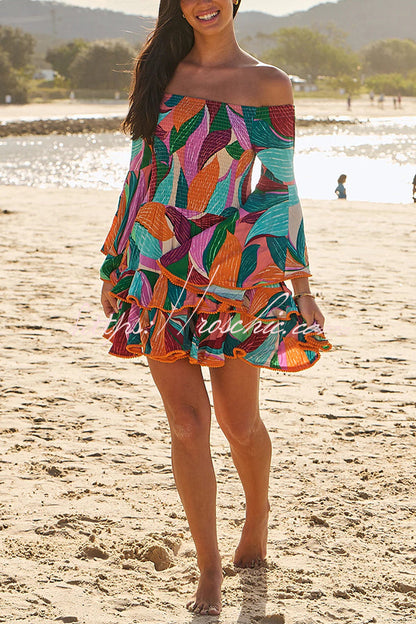 Unique Print Off the Shoulder Pleated Bell Sleeve Fitted Mini Dress
