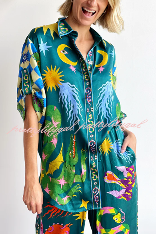 Beachy Linen Blend Unique Print Button Down Oversized Blouse