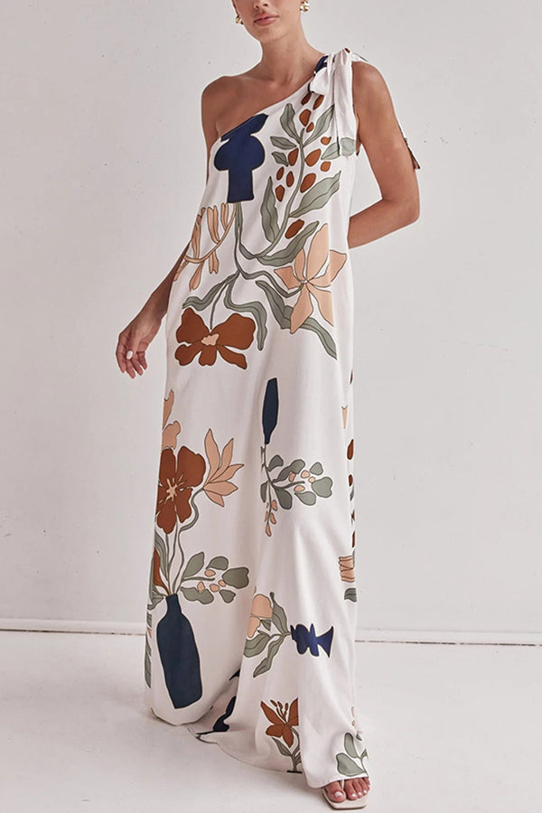 Matches the Vacation Unique Print One Shoulder Tie-up Pocketed Loose Maxi Dress