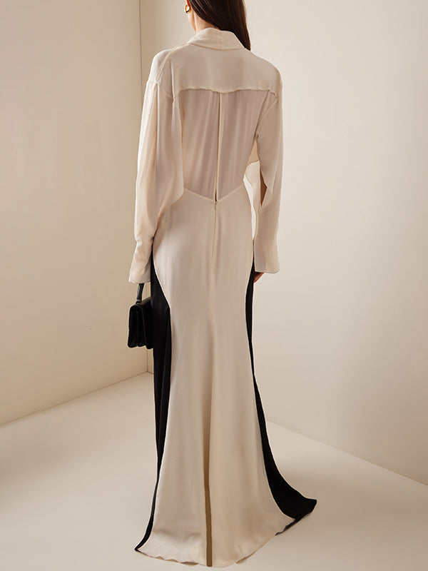 Long Sleeves Loose Contrast Color V-neck Evening Dresses Maxi Dresses