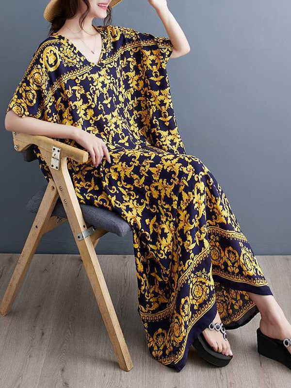A-line Batwing Sleeves Printed V-neck Maxi Dresses