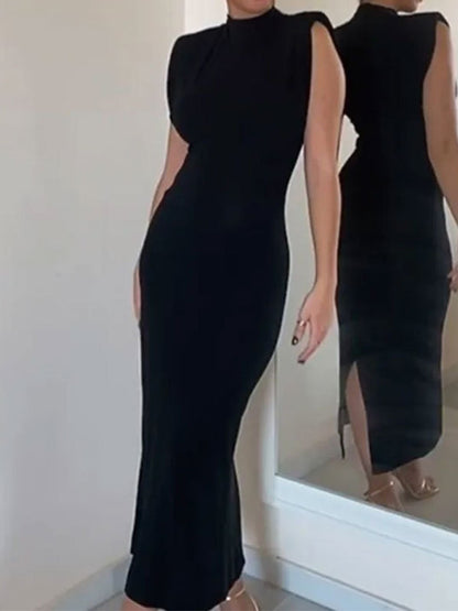 Skinny Color Zipper Mock Neck Midi Dresses