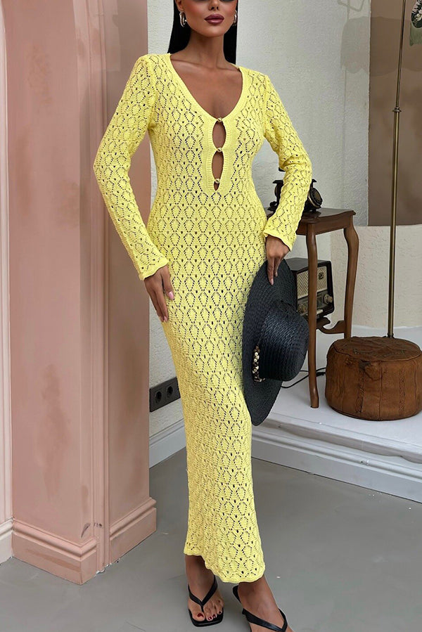 V-neck Long-sleeved Hollow Slim Maxi Dress