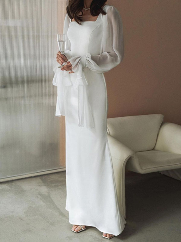 Flared Sleeves Skinny Gauze Pleated See-through Color Split-joint Square-neck Maxi Dresses